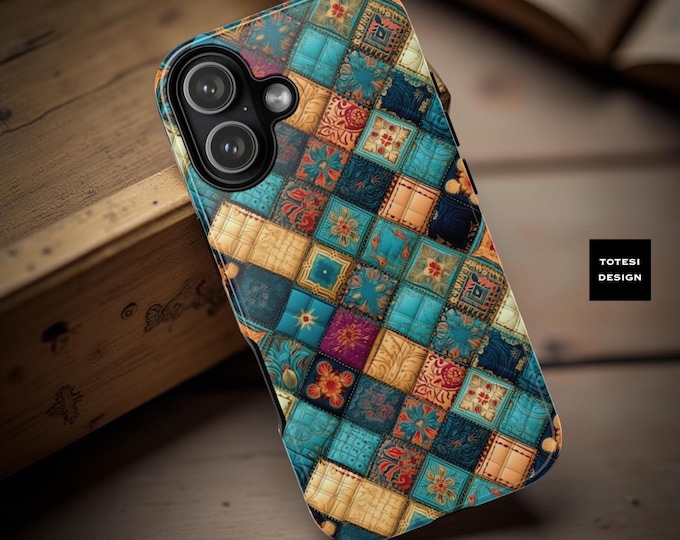 Quilt Pattern Phone Case: Turquoise Patchwork, Impact Resistant