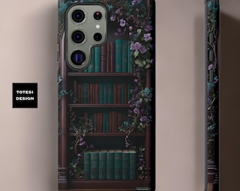 Dark academia vintage bookcase Green Floral Samsung iPhone Tough Sturdy phone cases S25 S24 S23 S22 Plus Ultra 16 15  | book goth lover gift