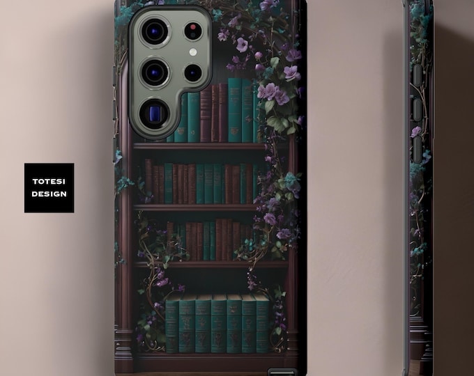 Dark academia vintage bookcase Green Floral Samsung iPhone Tough Sturdy phone cases S25 S24 S23 S22 Plus Ultra 16 15  | book goth lover gift