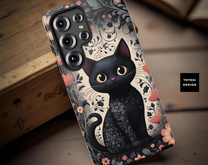 Black Kitty Cat Floral Phone Case: iPhone, Samsung Galaxy Tough Cover