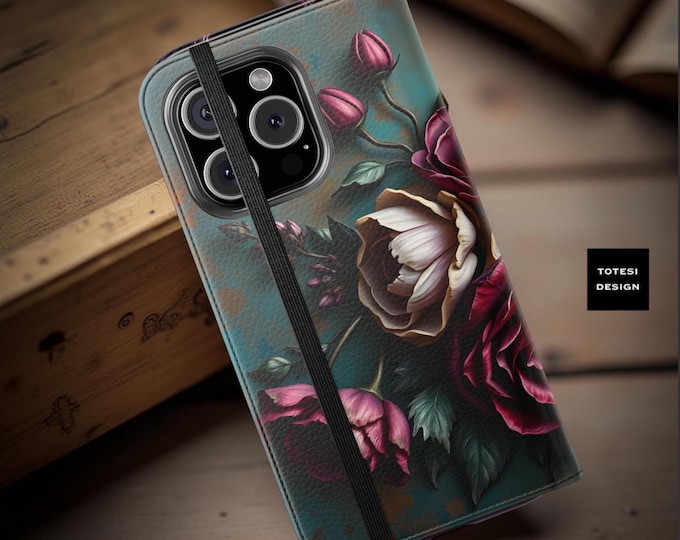 Teal Floral Wallet Phone Case: Vintage Boho Faux Leather Flip Cover