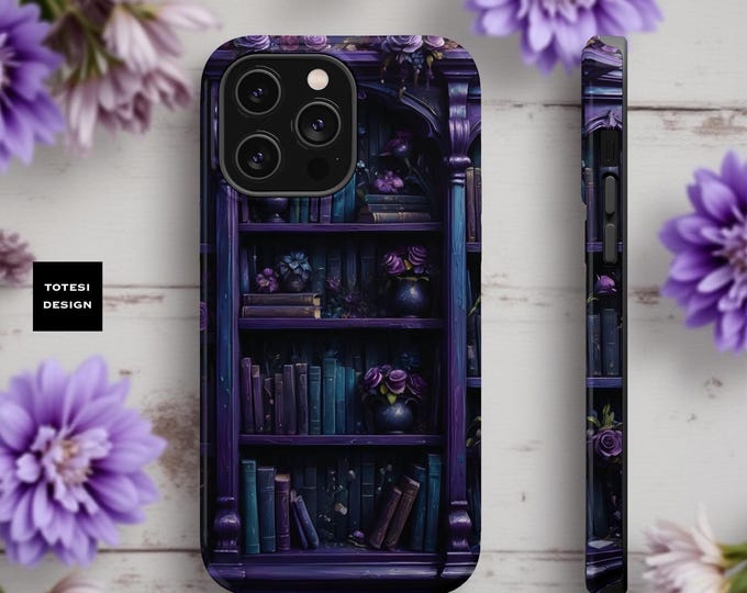 Magnetic iPhone Case, Dark Academia Bookshelf Phone Cover, Gothic Vibes, Vintage Nook, 16 15 14 13, Purple Blue Books, Tough Cases