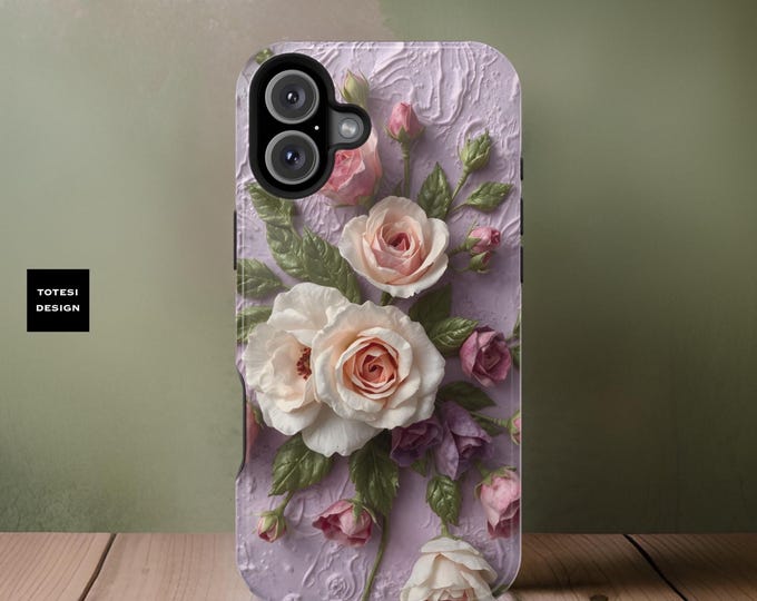 Magnetic iPhone Tough Case, Spring Pastel Floral MagSafe Cover, Gift for Her, Mauve Phone Case, 16 15 14 13 Pro Max Plus, Floral Phone