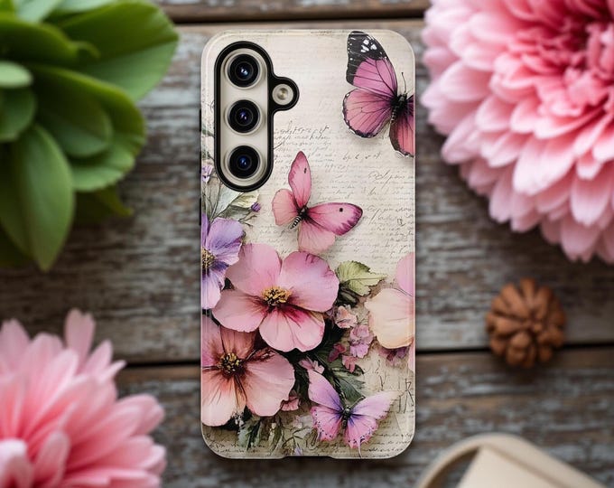 Cell phone case, Pink flower pastel butterfly, Coquette pastel vintage style, Samsung iPhone Tough Sturdy, Cute Shabby Chic, Glossy Matte