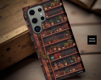Literary Aesthetic Tough Phone Case | Plants Bookshelf Design