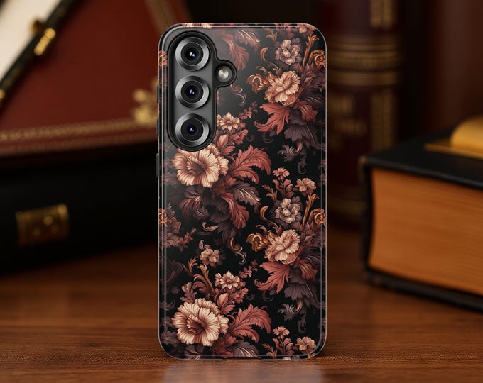 Dark Brown Floral Samsung Google iPhone tough phone cases S25 S24 S23 S22 S21 S20 Plus Ultra  |Glossy or Matte