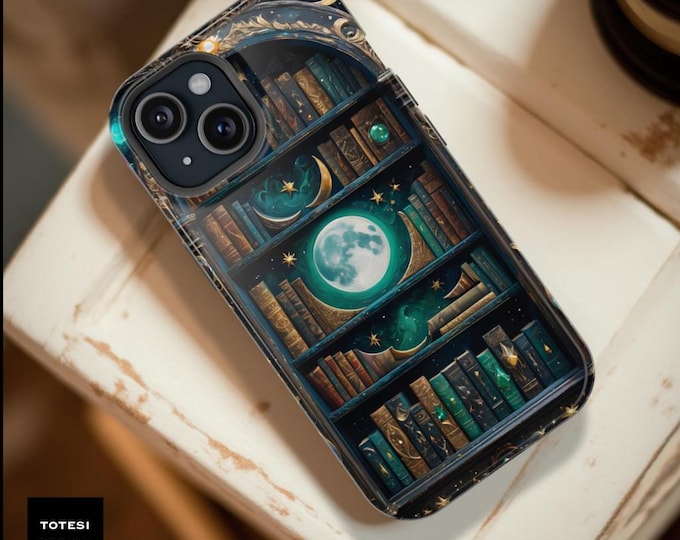 Magical Bookshelf iPhone Case: Dark Academia Celestial Design, MagSafe Compatible