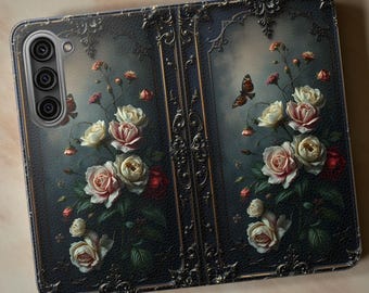 Goth Dark Floral Phone Cover Faux Leather Cardholder Stand