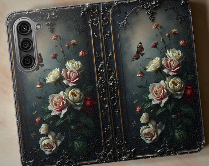 Goth Dark Floral Phone Cover Faux Leather Cardholder Stand