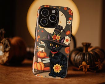 Cute black witchy fall cat art phone case | iPhone 16 15 14 13 12 Pro Max Plus Google Pixel 8 7 6 5  Samsung Galaxy S24 S23 S22 Halloween