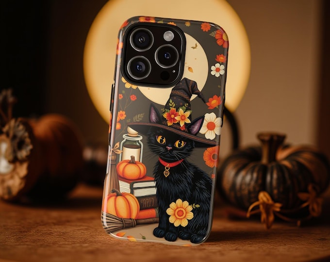 Cute black witchy fall cat art phone case | iPhone 16 15 14 13 12 Pro Max Plus Google Pixel 8 7 6 5  Samsung Galaxy S24 S23 S22 Halloween