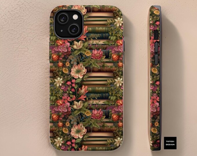 Whimsical Boho Vintage Floral Books Magnetic Tough Case, MagSafe Compatible, 13 14 15 Pro Max Plus, Book Lover Gift, Aesthetic Case