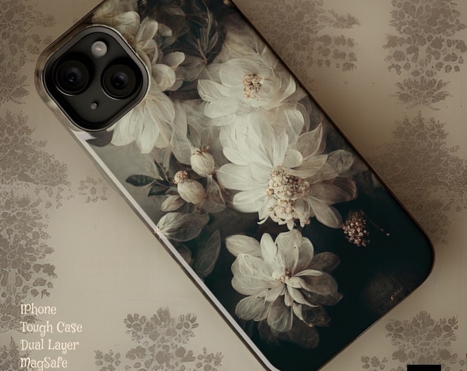 Moody Florals Dark Academia iPhone case - MagSafe compatible dual layer tough case- 13 14 15 16 Pro Max Plus Mini - Gift for Everyday Use