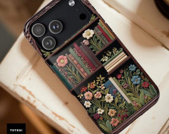 Floral Bookcase iPhone Case: Vintage Bookshelf Design, MagSafe Compatible