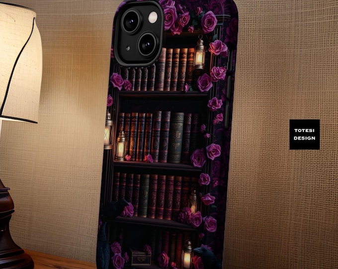 iPhone 16 Case Magsafe Dark academia Goth bookshelf vintage books moody purple floral dual layer 13 14 15 Pro Max Plus | Glossy or Matte