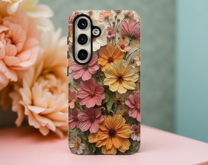 Pretty Phone Cases, Pastel Spring Unique Flower Art, Gift for Her, iPhone 16 15 14 13 12 Samsung S25 S24 S23, Sturdy Tough Protective Cover