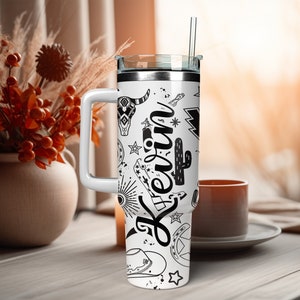 Western Engraved Stanley Dupe Tumbler 30oz, Cowboy Full Wrap, Quencher Dupe,  40oz Tumbler With Handle 