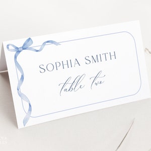 Editable Blue Bow Place Card Template, Dusty Blue Name Card, Ribbon Baby Shower Place Card, Printable Cute Boy Shower, Tented Name Card, S14