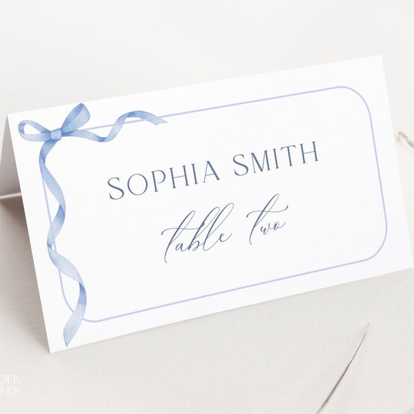 Editable Blue Bow Place Card Template, Dusty Blue Name Card, Ribbon Baby Shower Place Card, Printable Cute Boy Shower, Tented Name Card, S14