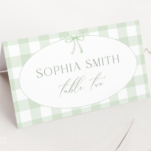 Editable Green Preppy Gingham Place Card Template, Sage Name Card, Green Plaid Bow Place Card, Printable Cute Gender Neutral Name Card G14