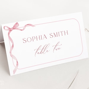 Editable Dusty Pink Bow Place Card Template, Pink Name Card, Ribbon Baby Shower Place Card, Printable Cute Girl Shower Tented Name Card, S16