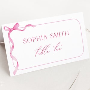 Editable Pink Bow Place Card Template, Hot Pink Name Card, Ribbon Baby Shower Place Card, Printable Cute Girl Shower Tented Name Card, S17
