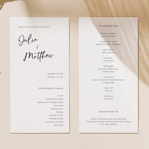 JULIA Printable Wedding Program Template, Minimalist Wedding Program Download, Digital Black and White Editable Program, Instant, DIY