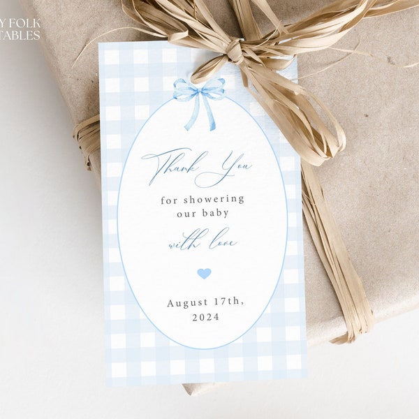 Editable Blue Gingham Preppy Baby Shower Thank You Tag, Printable Boy Baby Shower Favor Tag, Instant Blue Gingham Bow Baby Gift Tag, G01