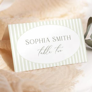 Editable Sage Green Stripes Place Card Template, Green Name Card, Gender Neutral Baby Shower Name Card, Sage Shower, Tented Name Card, S68