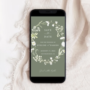 Boho Wedding Evite Save The Date Template, Sage Green Floral Mobile Save The Date, Editable Electronic Smartphone Save The Date SMS, E07