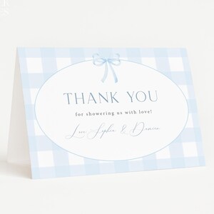 Editable Blue Bow Gingham Baby Shower Thank You Card Template, Preppy Baby Shower Thank You, Printable Boy Baby Shower Thank You Card, G01