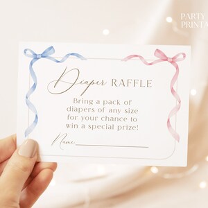 Editable Blue Pink Bow Diaper Raffle Card Template, Printable Gender Reveal Game, Pink Blue Baby Shower Diaper Raffle Insert, Her Or She W34