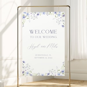 Blue Floral Wedding Welcome Sign Template, Editable Dusty Blue Wildflower Sign, Botanical Wedding Welcome, Romantic Wedding Sign DIY, S11