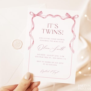 Editable Pink Bow It's Twins Baby Shower Invitation, Pink Ribbon Twins Baby Shower Invite, Blush Baby Card, Printable Twin Girls Shower, S16