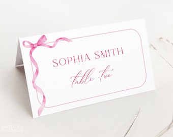 Editable Pink Bow Place Card Template, Hot Pink Name Card, Ribbon Baby Shower Place Card, Printable Cute Girl Shower Tented Name Card, S17