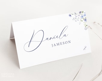 Blue Floral Wedding Place Card Template, Editable Dusty Blue Tented Place Card Printable Boho Name Card, Wildflower Minimalist Seating, S11