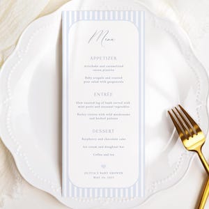 Editable Blue Striped Baby Shower Menu Template, Dusty Blue Baby Shower Menu, Blue Stripes Dinner Menu, Printable Boy Shower Menu Card, S47