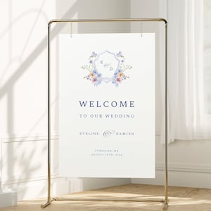 Wedding Welcome Sign Template, Blue Floral Crest Welcome Sign, Wildflower Crest, Monogram Wedding Sign, Elegant Sign, Instant Download, C03