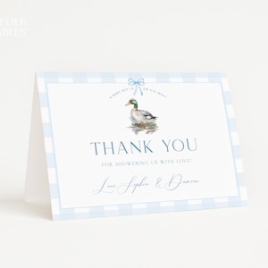 Editable Mallard Duck Boy Baby Shower Baby Shower Thank You Card Template, Blue Gingham Bow Duck Shower Thank You, Printable Thank You, W21