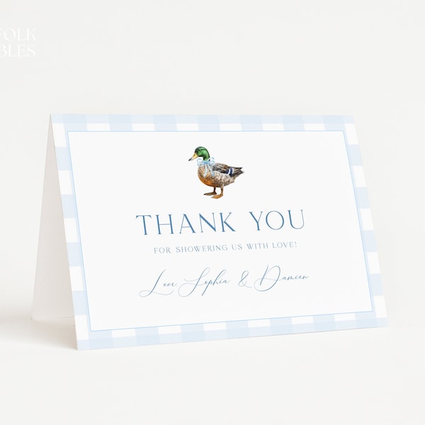 Editable Mallard Duck Baby Shower Thank You Card Template, Blue Gingham Bow Duck Boy Baby Shower Thank You, Printable Thank You Note, W22