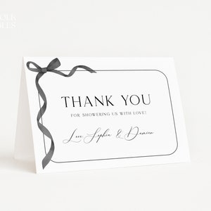 Editable Black Bow Baby Shower Thank You Card Template, Ribbon Baby Shower Thank You, Minimalist Black And White Neutral Baby Shower, S20