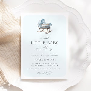 Editable Blue Boho Baby Shower Invitation Template, Blue Crib Invite, Bassinet Invite, Printable Blue Sweet Little Baby, Boy Baby Shower A24