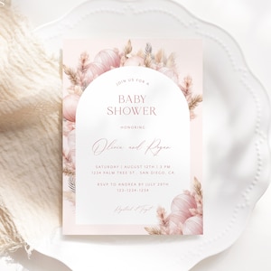 Editable Pink Boho Arch Baby Shower Invitation Template, Blush Pampas Baby Shower Invitation, Printable Soft Pink Girl Shower Invite, A18