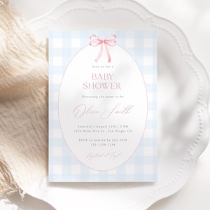 Editable Preppy Gingham Baby Shower Invitation Template, Gingham Pink Blue Bow Baby Shower Invite, Printable Southern Baby Shower Invite G03