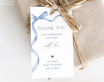 Editable Blue Bow Baby Shower Thank You Tag, Printable Boy Baby Shower Favor Tag, Minimal Blue Gift Tag, Dusty Blue Ribbon Baby Shower, S14