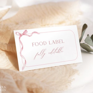 Editable Dusty Pink Bow Buffet Card Template, Pink Food Label, Blush Baby Shower Food Card, Printable Cute Girl Shower Tented Place Card S16