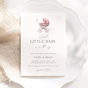Editable Pink Boho Baby Shower Invitation Template, Blush Baby Carriage Invite, Pram Invite, Printable Pink Stroller, Girl Shower Invite A22