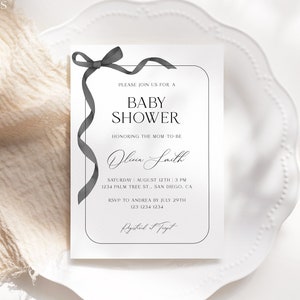 Minimalist Bow Baby Shower Invitation Template, Modern Bow Baby Shower Invitation, Editable Printable Black & White Baby Shower Invite, S20