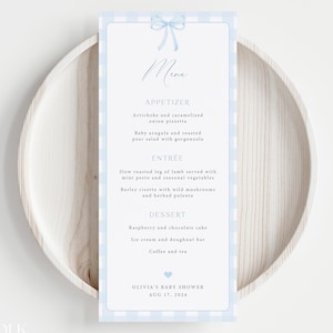 Editable Blue Gingham Baby Shower Menu Template, Blue Preppy Baby Shower Menu, Blue Gingham Bow Dinner Menu, Instant Boy Baby Shower, G01