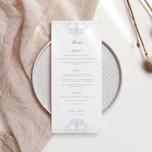Blue Vintage Menu Template, Printable Wedding Menu, Romantic Menu, Elegant Menu, Editable Menu Template, DIY Dusty Blue Bridgerton Menu, C02